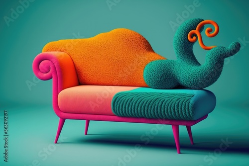 Abstrakte bunte Chaiselongue auf blaugrünem Hintergrund,Generative AI 