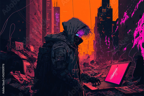 Hacker anime with laptop cyberpunk style. Generative AI