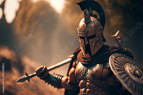 Illustration of spartan warrior in armor with shield and sword, antique Greek military, muscular ancient soldier, realistic ai generated art
