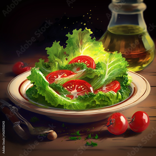 Lettuce escarole and tomato salad with a drizzle of olive. Generative AI. 3