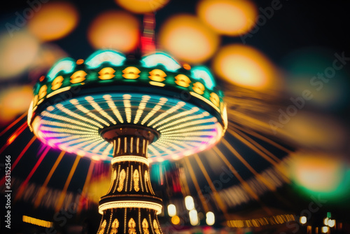 blur defocused illustration of amusement park at evening, rotating carousel with full fun. Generative AI