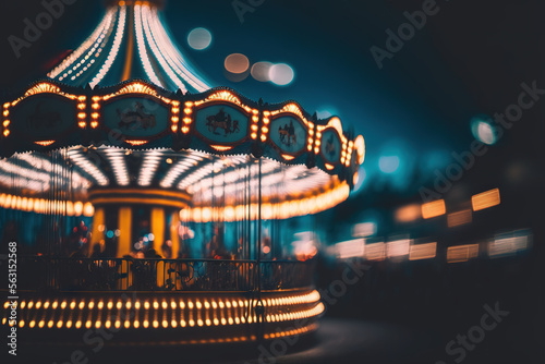 rotating carousel. blur defocused illustration of amusement park at evening, carousel spinning with full fun. Generative AI