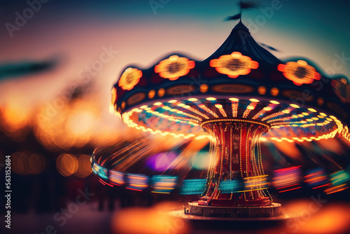 blur defocused illustration of amusement park at evening, carousel spinning with full fun. Generative AI