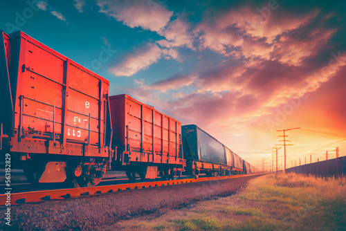 Güterzug auf Schienen im Sonnenuntergang - Generative Ai