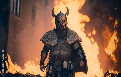 Scandinavian viking in a horned helmet and armor, illustration of a medieval jarl against a burning city, ai-generated art