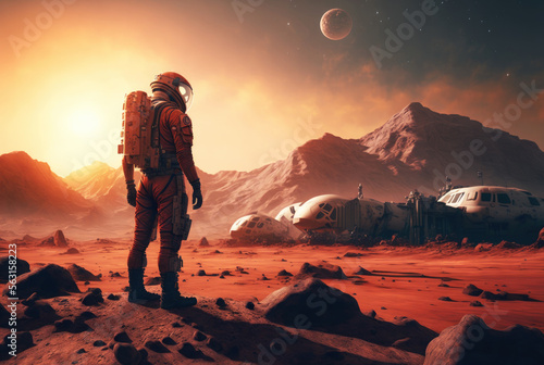 Astronaut on mars near base for planet colonization atmospheric landscape, generative ai