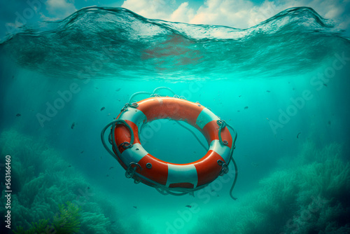 Orange lifebuoy underwater. Lifebuoy sinks to the bottom of the sea. Generative AI