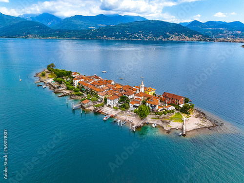 Aerial view of Isola Superiore, or Isola dei Pescatori or Island of the Fishermen in Borromean islands archipelago in Lake Maggiore, Italy