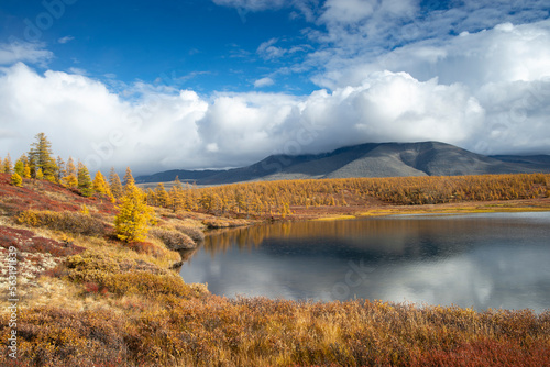 Far East of Russia, Magadan region, Susumansky district, lake Malyk..Surroundings of the mountain lake Malyk in the north of the Far East is located five hundred kilometers from the city of Magadan..