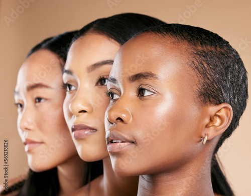 Diversity, beauty and women, face zoom with profile, skincare makeup and natural cosmetics isolated on studio background. Cosmetic glow, different skin color and wellness, dermatology and facial