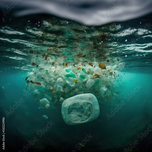 dirty plastic bags with garbage in the water, generative ai illustration
