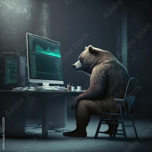 business bear, works at computer, stock market, Generative AI