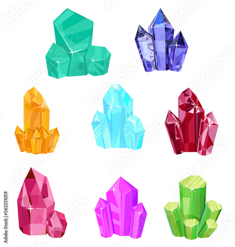 Crystal gems, vector gems. Gems icons. Isolated cartoon minerals, crystals and gems. Opal, emerald and diamond, ruby and topaz, quartz glass, jewelry, geological crystals. Natural elements