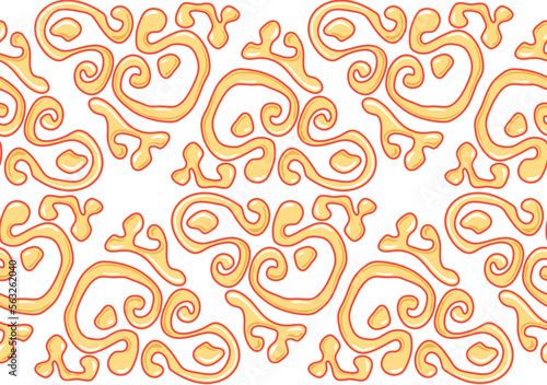 Ethnic seamless pattern of triangles in the slavonic style. Decorative yellow and white background for print onto fabric. Damascus style wallpaper. Embossed curls and lace ornament. Vector texture