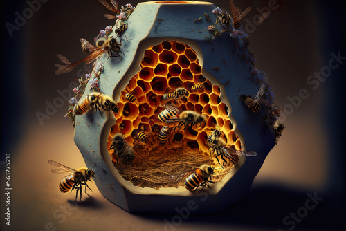 Beehive with queen and honey and nectar inside illustration