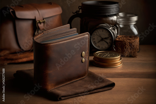 Brown Leather wallet purse on wooden table fashion mockup for business advertisement