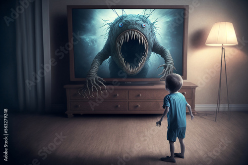 un enfant regarde un film d'horreur à la télé, il a peur, programme interdit aux enfant, danger des écrans, concept - illustration ia