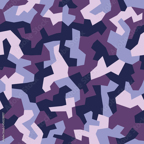 Geometric violet poly camouflage, seamless pattern. Abstract military urban camo, mosaic texture. Purple color background. Vector illustration