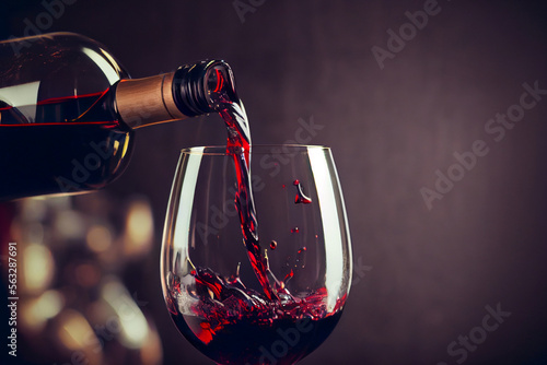 Rotwein fließt aus einer Flasche in ein Weinglas mit Platzhalter im Hintergrund - Generative Ai