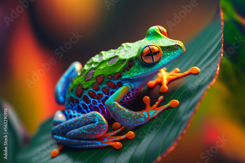 A colorful frog sitting on top of a green leaf, Generative AI