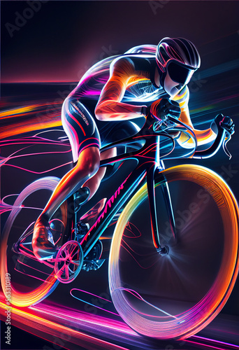 beautiful abstract bicycle racing driving fast with colorful light trails. Generative AI technology.