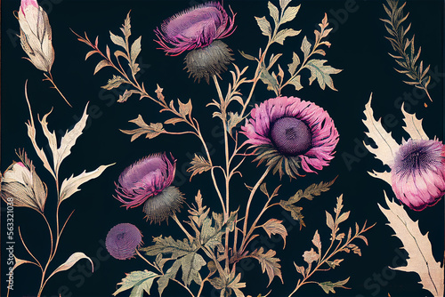 Vintage floral botanic patten with thistle and wildflowers, generative ai