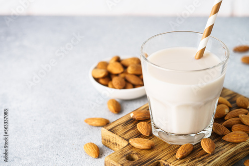 Non dairy milk, almond milk and nuts. Vegan product.