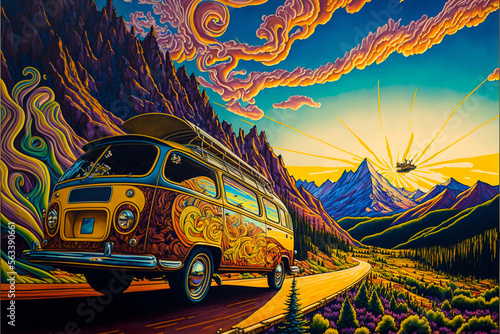 Volkswagen T1 Bulli - psychedelic vanlife with a surreal hippie camper van in the desert. Created with Generative AI technology.