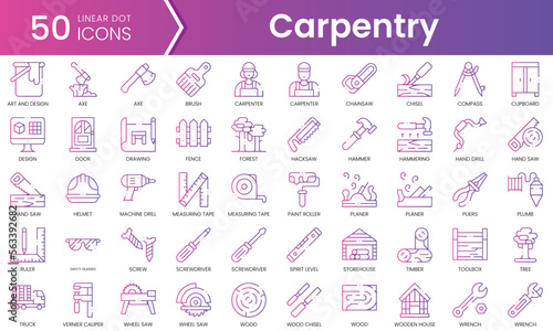 Set of carpentry icons. Gradient style icon bundle. Vector Illustration