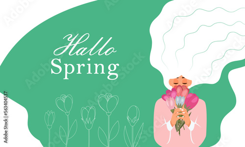 Women s day illustration. Girl with flowers. Flat style. Lattering Hallo spring