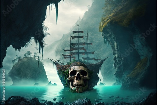 Giant skull on ghost pirate ship, island in background. Generative AI