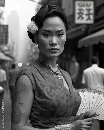 Chinese woman posing in Hong Kong in 1938.. monochromatic vintage. This image was created with generative AI,