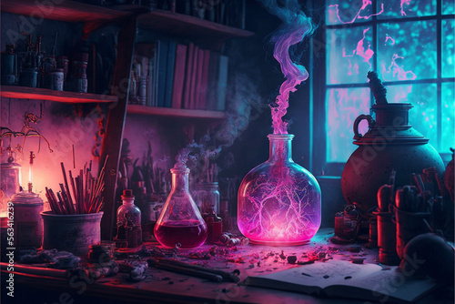 Fantasy Pink Love Magic Potions in an Alchemy or Chemistry Lab Illustration Generative AI