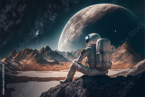  sitted realistic astronaut in moon looking to earth 