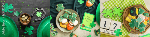 Collage of tasty cookies with leprechaun's hats, golden coins and calendar with date of St. Patrick's Day