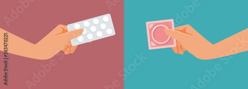 Hands Holding Birth Control Pills and a Condom Vector Illustration. Person choosing between contraceptive methods 