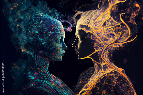 Man and woman silhouettes at abstract cosmic background. Human souls couple in love. Astral body, esoteric and spiritual life concept. Created with generative AI