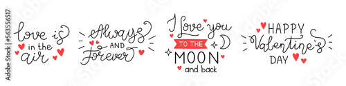 Vector romantic set of handwritten lettering phrases. Collection of black text with red hearts. Love quotes for greeting cards or banners. Happy Valentines day.