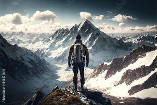 Bergsteiger schaut auf sein Ziel, Bergsteiger will ans Ziel, Schweizer Berge, Berglandschaft, Gipfel erklimmen, Generative AI