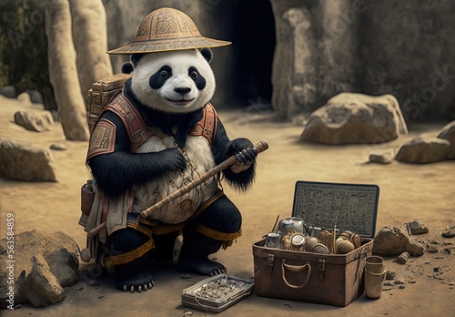 illustration of cute animal fashion wearing costume as archeologist with ancient historical site as blur background , cute professor panda with tools Generative Ai 
