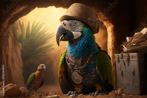 illustration of cute animal fashion wearing costume as archeologist with ancient historical site as blur background, macaw bird Generative Ai 