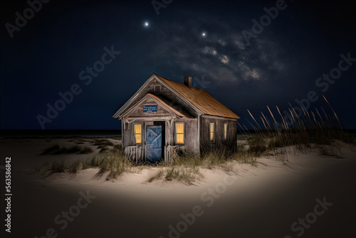 A shack restaurant on a beach.