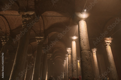 Byzantine or Rome architecture. Vaults and columns of a historical building