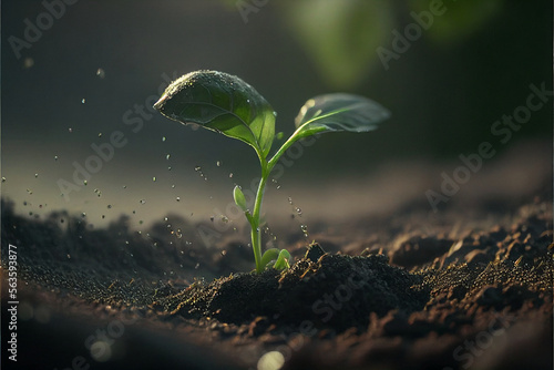 Fresh young sprouts grow out of the ground in sunset light with raindrops, the concept of growing eco plants for food. generative AI