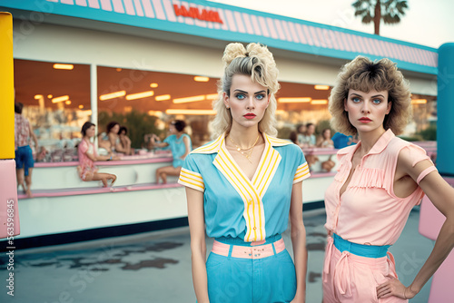 Two young beautiful girls in a pastel retro costume are standing in front of a candy store at a summer fair. Illustration. Generative AI.