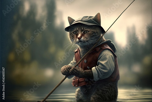 cat fisherman llustration generative ai