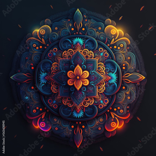 Colorful neon gradient fractal mandala shapes as wallpaper background (Generative AI)