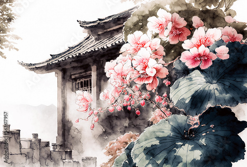 Watercolor painting of pink flowers in chinese temple, oriental style, spring illustration, generative ai