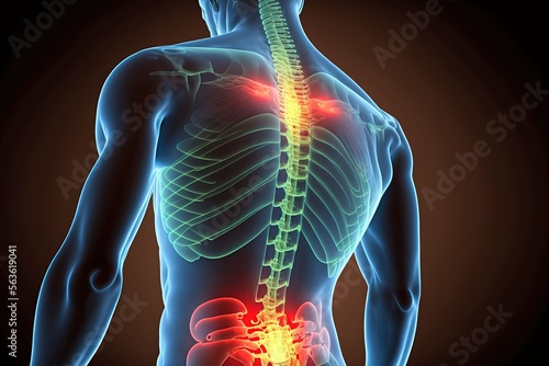 Foto de visualização interna do corpo humano a mostrar dois focos de dor, em simultâneo, nas costas.