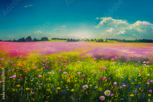 field of flowers and sunset, Generative AI Illustration